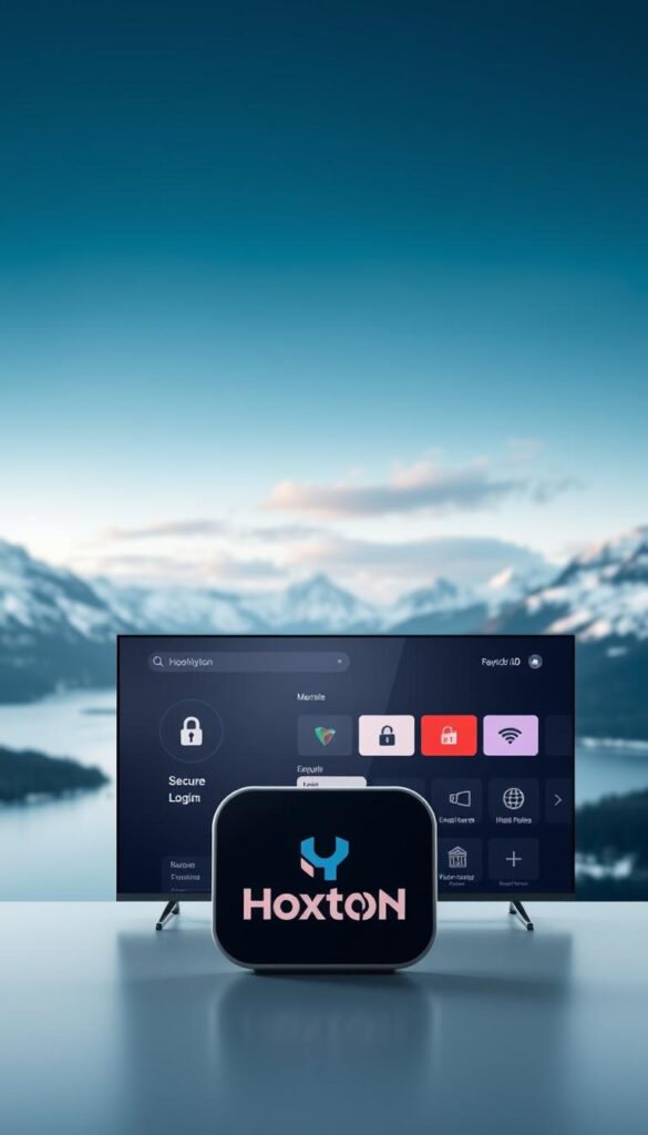 A secure and private IPTV service set against the backdrop of the serene Nordic landscape. In the foreground, the Hoxtoon Provider logo stands out, conveying reliability and trustworthiness. The middle ground features a sleek, modern user interface with secure login and encrypted streaming capabilities. In the background, the majestic fjords and snow-capped mountains of Scandinavia create a calming, natural ambiance. Soft, diffused lighting illuminates the scene, emphasizing the sense of security and privacy. The overall tone is one of tranquility and confidence in the Hoxtoon Provider's ability to deliver a top-tier IPTV experience.