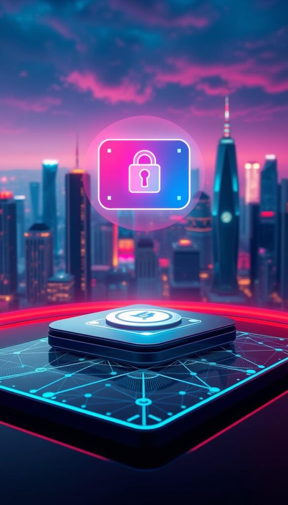 A secure cryptocurrency payment gateway for an IPTV streaming service. In the foreground, a futuristic digital wallet icon with a secure lock symbol, floating above a sleek, holographic display. In the middle ground, a network of interconnected nodes representing the decentralized blockchain infrastructure. In the background, a stylized cityscape with towering skyscrapers, illuminated by a vibrant, neon-tinged skyline. The overall mood is one of technological sophistication, digital security, and seamless integration between the IPTV service and the Hoxtoon Provider cryptocurrency payment solution.