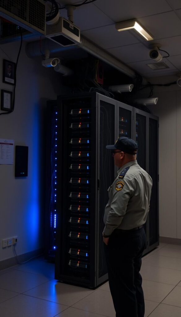 A secure data center with a Hoxtoon Provider server rack, guarded by a network security firewall and surveillance cameras. The room is dimly lit, with a sense of seriousness and professionalism. The floor is tiled, and the walls are a neutral, calming color. The server rack stands tall, with blinking lights and intricate cabling, exuding a technological aura. In the foreground, a security guard in a uniform stands vigilant, monitoring the systems. The atmosphere conveys the importance of protecting sensitive IPTV data and ensuring the privacy of users.