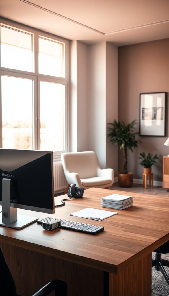 A serene Scandinavian office setting, flooded with warm, natural lighting from tall windows. In the foreground, a minimalist wooden desk with a sleek, modern desktop computer displaying the "Hoxtoon Provider" branding. On the desk, a telephone and a neatly organized stack of documents. In the middle ground, a stylish Scandinavian-inspired armchair and a potted plant, creating a cozy, professional atmosphere. The background features muted, earthy tones, with a subtle hint of Nordic-inspired art or decor, conveying a sense of reliable, high-quality customer support for the Scandinavian IPTV services.