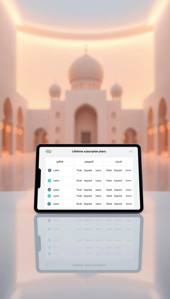 A serene and minimalist digital illustration showcasing the lifetime subscription plans for the Hoxtoon Provider Arabic IPTV service. In the foreground, a sleek and modern device, perhaps a tablet or smartphone, displays the various subscription options in a clean and organized layout. The device is positioned on a smooth, reflective surface, creating a sense of depth and elegance. The middle ground features a subtle, blurred background of Arabic-inspired architectural elements, hinting at the cultural and regional focus of the IPTV service. Soft, warm lighting illuminates the scene, conveying a sense of professionalism and trustworthiness. The overall composition and color palette evoke a premium, high-quality experience, reflecting the lifetime subscription plans offered by the Hoxtoon Provider.