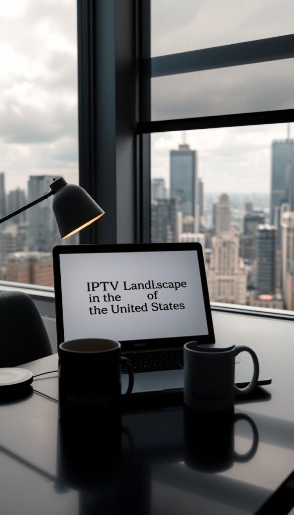A serene, dimly lit office setting with a laptop displaying a legal document titled "IPTV Legal Landscape in the United States". The laptop is placed on a sleek, modern desk, accompanied by a stylish desk lamp casting a warm glow. In the background, a large window offers a view of a bustling city skyline, conveying a sense of professionalism and authority. On the desk, a Hoxtoon Provider branded mug stands alongside the laptop, hinting at the subject's connection to the IPTV industry. The overall atmosphere is one of thoughtful contemplation and legal expertise.