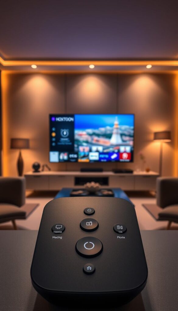 A serene, high-tech interface showcasing the advanced features of the Hoxtoon IPTV Provider service. In the foreground, a sleek, minimalist control panel displays intuitive icons for browsing channels, managing recordings, and accessing on-demand content. The middle ground features a large, high-definition television screen showcasing crystal-clear live programming, with a subtle Hoxtoon logo in the corner. The background depicts a modern, stylish living room setting, bathed in warm, ambient lighting that creates a comfortable, inviting atmosphere. The overall composition conveys the seamless, user-friendly experience of the Hoxtoon IPTV service, highlighting its advanced features and premium visual quality.