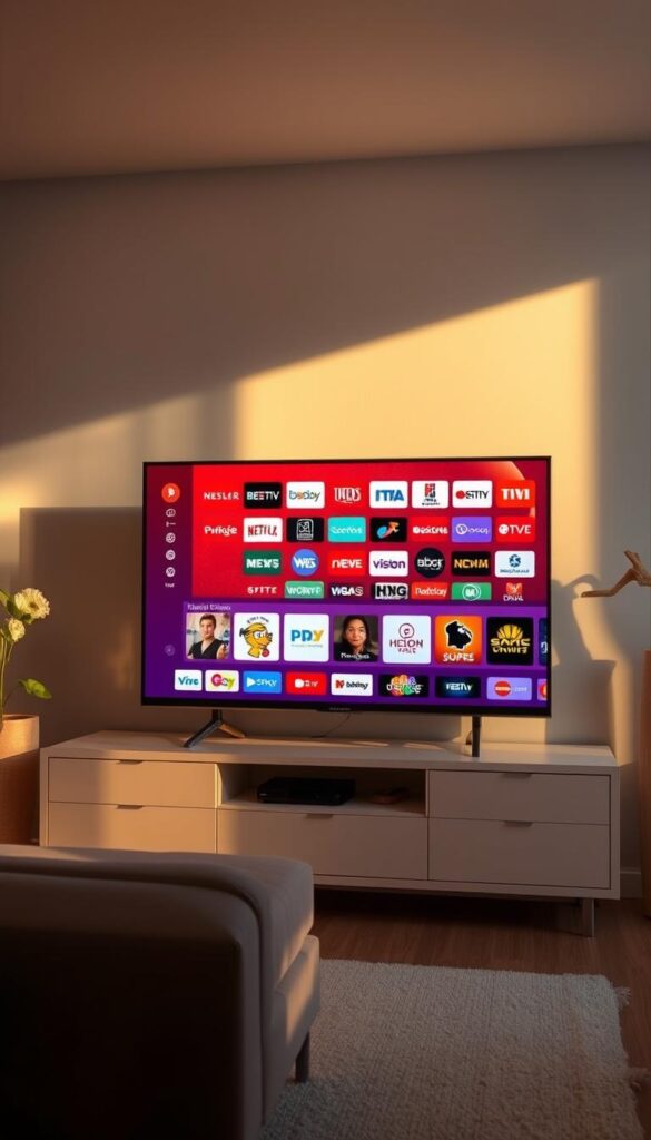 A serene living room, bathed in warm lighting, showcases a sleek smart TV displaying the diverse IPTV channels offered by the Hoxtoon Provider. The screen presents a vibrant mosaic of program titles, genres, and network logos, inviting the viewer to explore Hoxtoon's extensive content library. In the foreground, a modern, minimalist entertainment center grounds the scene, while the background features a stylish, contemporary interior design with natural textures and soothing earth tones. The overall atmosphere exudes a sense of comfort, technology, and the promise of endless entertainment at the user's fingertips.