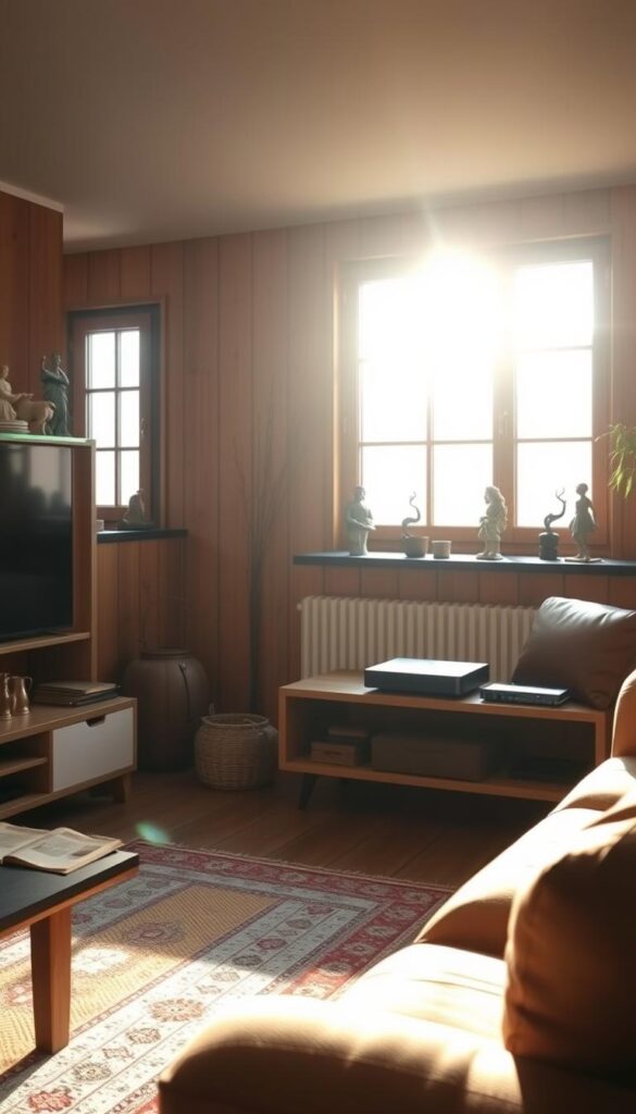 A serene living room in a cozy Austrian home, illuminated by warm, natural light filtering through large windows. On the TV stand, a sleek Hoxtoon Provider IPTV box takes center stage, its minimalist design blending seamlessly with the rustic, wood-paneled walls. The room is adorned with traditional Austrian decor, such as a hand-woven rug and a collection of antique figurines. A comfortable leather armchair and a plush sofa invite viewers to settle in and immerse themselves in the evolving landscape of television viewing in Austria.