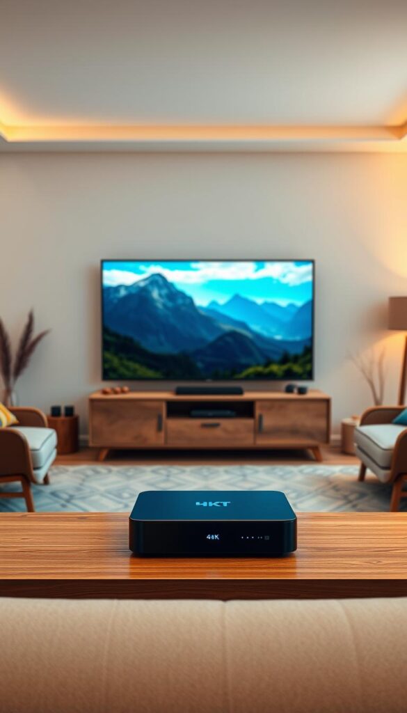 A serene living room in a modern, minimalist home. In the center, a sleek, 4K IPTV set-top box from Hoxtoon Provider sits atop a wooden media console, its soft blue indicator light glowing. On the screen, a breathtaking nature documentary plays in vivid 4K resolution, immersing the viewer in the beauty of the natural world. Soft, diffused lighting from a large window bathes the scene in a warm, golden glow, creating a cozy and inviting atmosphere. The room is decorated with subtle, tasteful accents that complement the clean, contemporary design. This image conveys the premium quality and seamless user experience of the Hoxtoon IPTV service, making it the premier choice for movie enthusiasts seeking the ultimate 4K viewing experience.