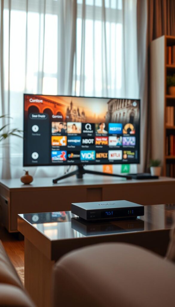A serene living room scene with a modern IPTV set-top box from the Hoxtoon Provider prominently displayed on a sleek entertainment unit. Soft, warm lighting filters through sheer curtains, casting a cozy glow. On the screen, a diverse array of German IPTV content options is visible, showcasing the breadth of programming available. In the background, bookshelves and potted plants add subtle sophistication, creating an inviting atmosphere reflective of the growing German IPTV landscape.