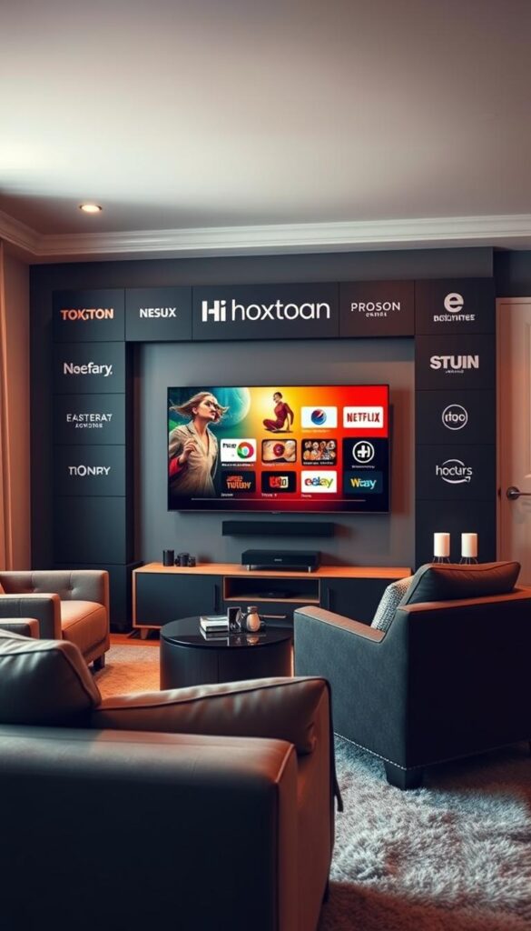 A serene living room scene with a sleek, modern entertainment center showcasing multiple streaming service logos, including the prominent "Hoxtoon Provider" brand. The room is bathed in warm, diffused lighting, creating a cozy and inviting atmosphere. In the foreground, a comfortable sofa and armchair invite the viewer to relax and enjoy the selection of international TV shows and movies accessible through the expat-focused streaming services. The middle ground features a large, high-definition smart TV displaying a vibrant, colorful interface, hinting at the diverse content available. The background subtly blends neutral-toned walls and stylish decor, complementing the overall refined and sophisticated aesthetic.