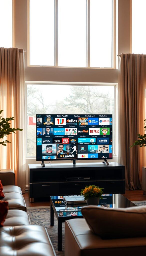 A serene living room setting, illuminated by warm natural light filtering through large windows. On the TV screen, a diverse array of IPTV channels from Poland are displayed, showcasing the extensive selection available through the Hoxtoon Provider service. The channels feature a mix of local news, entertainment, and international programming, reflecting the diverse interests of the viewers. The room is tastefully decorated, with modern furniture and accents that create a cozy and inviting atmosphere, perfect for enjoying the wide range of content on offer.
