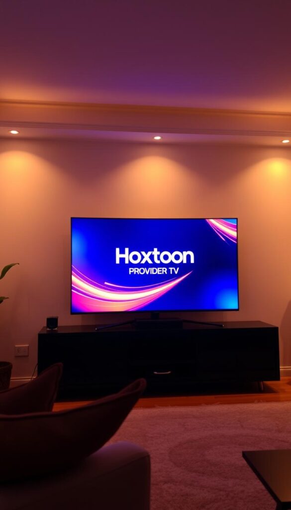 A serene living room setting with a large flat-screen TV displaying a vibrant, high-quality IPTV stream. The room is bathed in warm, diffused lighting, creating a cozy and inviting atmosphere. On the TV screen, the Hoxtoon Provider logo is prominently displayed, signifying the reliable and premium streaming service. The image conveys the idea of an immersive and optimized Arabic IPTV experience, with attention to detail in the room's design and the crisp, clear visuals on the screen.