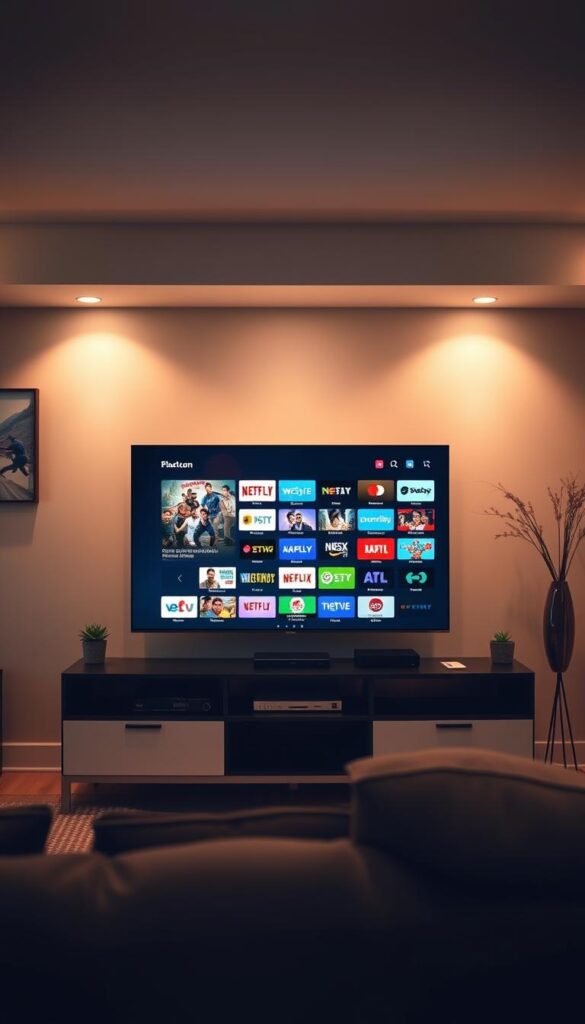 A serene living room setting, with a sleek, modern entertainment center in the foreground. On the screen, a vibrant display of high-quality IPTV channels from the Hoxtoon Provider, showcasing crystal-clear visuals, vivid colors, and smooth playback. The lighting is soft and warm, creating a cozy and inviting atmosphere. The room is adorned with tasteful decor, reflecting a sophisticated and comfortable living space. The overall scene conveys a sense of relaxation and enjoyment, highlighting the exceptional viewing experience offered by the Hoxtoon IPTV service.