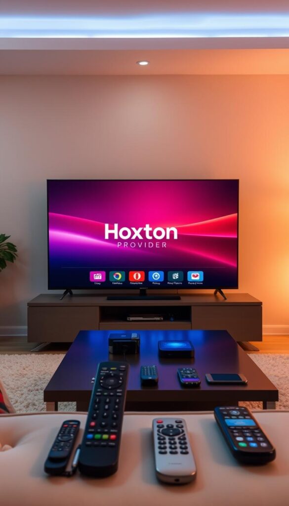 A serene living room setting, with a sleek, modern television taking center stage. The Hoxtoon Provider logo is prominently displayed, conveying the reliable and high-quality IPTV service. On the screen, a visually striking interface showcases the multi-device support, allowing viewers to stream content seamlessly across various devices, from smartphones to tablets to laptops. The room is bathed in warm, soft lighting, creating a cozy and inviting atmosphere. In the foreground, a variety of remote controls and mobile devices are arranged, symbolizing the convenience of accessing IPTV content on the go. The middle ground features a stylish coffee table, adding to the contemporary and sophisticated aesthetic. The background blends a subtle gradient, providing a clean and minimalist backdrop to the scene.