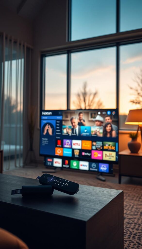 A serene living room with a Roku device prominently displayed on a sleek entertainment center. The Roku interface showcases a rich array of premium IPTV channels from the Hoxtoon Provider, their diverse content library spanning movies, TV shows, sports, and more. Warm, ambient lighting casts a cozy glow, while large windows offer a tranquil outdoor view. The scene exudes a sense of relaxation and entertainment, inviting the viewer to immerse themselves in the boundless possibilities of Hoxtoon's premium IPTV offerings on Roku.