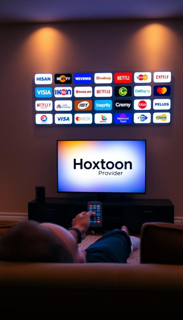 A serene living room with a large, modern TV displaying various international channel logos. In the foreground, a person relaxes on a comfortable couch, casually browsing channels on a sleek remote control. The room is bathed in soft, warm lighting, creating a cozy and inviting atmosphere. On the TV screen, the "Hoxtoon Provider" brand name is prominently displayed, reflecting the high-quality international streaming experience. The scene conveys a sense of global connectivity and effortless, multi-device access to diverse entertainment.