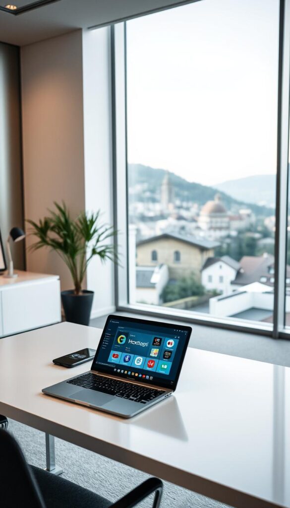 A serene, modern office setting showcasing the Hoxtoon Provider IPTV service in Austria. The scene features a sleek, minimalist desk with a laptop displaying the Hoxtoon Provider interface, surrounded by stylish furniture and large windows overlooking the Austrian cityscape. Soft, warm lighting illuminates the space, creating a professional and inviting atmosphere. The overall impression conveys the reliable and user-friendly nature of the Hoxtoon Provider IPTV service, tailored to the needs of the Austrian market.