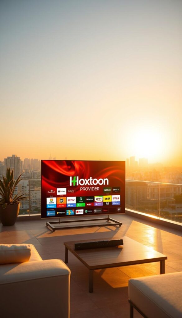 A serene, sun-drenched rooftop terrace in a Middle Eastern city, showcasing the Hoxtoon Provider logo prominently displayed on a sleek, modern smart TV. The screen displays a vibrant and diverse array of Arabic IPTV channels, with the city skyline visible in the background, bathed in warm, golden light. The scene exudes a sense of luxury, comfort, and the reliable access to a comprehensive selection of premium Arabic entertainment. The composition emphasizes the Hoxtoon Provider's position as a premier, trustworthy Arabic IPTV service, seamlessly blending technology, content, and the captivating ambiance of the Middle East.