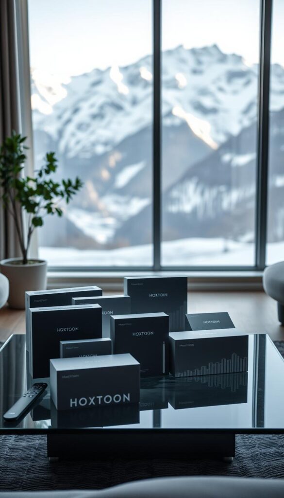 A serene, well-lit living room showcases an array of IPTV packages from the Hoxtoon Provider, neatly arranged on a modern glass coffee table. Soft, diffused lighting illuminates the scene, creating a cozy and inviting atmosphere. In the background, a large window offers a picturesque view of the Swiss Alps, their snow-capped peaks casting a gentle glow. The packages feature sleek, minimalist designs in muted tones, highlighting the premium quality and reliability of the Hoxtoon IPTV service. The overall composition conveys the benefits of using IPTV in Switzerland - convenience, entertainment, and a connection to the natural beauty of the country.