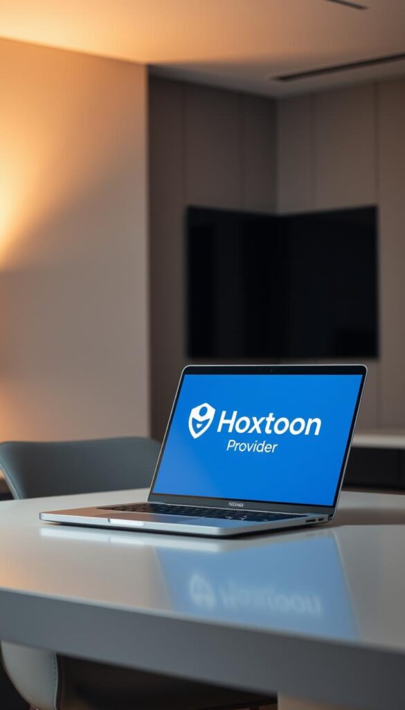 A serene, well-lit office setting with a laptop prominently displayed on a minimalist desk. On the laptop screen, the "Hoxtoon Provider" VPN logo is clearly visible, conveying a sense of security and privacy for IPTV services. The background features a clean, modern interior with muted colors and subtle textures, creating a professional and trustworthy atmosphere. Soft, directional lighting casts a warm glow, accentuating the laptop's display and the overall sense of reliability. The composition emphasizes the importance of VPN technology for IPTV users, seamlessly integrating the Hoxtoon Provider branding into the scene.