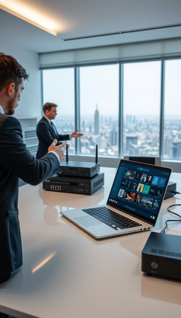 A serene, well-lit office setting with a sleek, modern desk showcasing a laptop displaying the Hoxtoon Provider IPTV reseller platform. In the foreground, a professional-looking person is gesturing towards the screen, highlighting the intuitive interface and extensive channel offerings. The middle ground features various networking equipment, routers, and set-top boxes, emphasizing the technical infrastructure behind the IPTV reseller services. The background depicts a panoramic cityscape, hinting at the global reach and scalability of the Hoxtoon Provider platform. The overall scene conveys a sense of expertise, reliability, and the lucrative potential of IPTV reselling.
