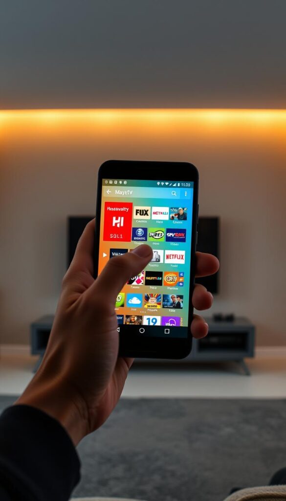 A sleek Android smartphone display showcases the Hoxtoon Provider IPTV interface, its intuitive layout and vibrant colors illuminated by warm, soft lighting. The user's hand interacts seamlessly with the touchscreen, navigating through a curated selection of live TV channels and on-demand content. In the background, a minimalist room setting with muted tones and clean lines creates a modern, distraction-free ambiance, allowing the IPTV experience to take center stage. The overall composition conveys the ease and convenience of accessing a robust IPTV service directly from an Android device.