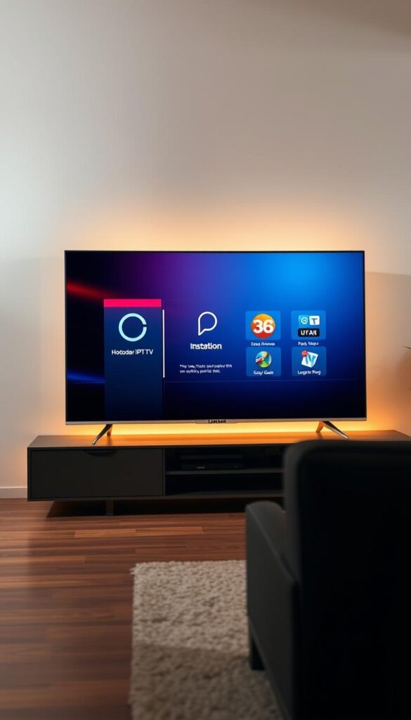 A sleek Samsung Smart TV displaying the Hoxtoon Provider IPTV app installation screen. The TV stands prominently in the center, its elegant design and large screen capturing the viewer's attention. The app's user interface is visible, showcasing its clean and intuitive layout. Soft, warm lighting illuminates the scene, creating a welcoming and inviting atmosphere. The background fades into a blurred, minimalist setting, allowing the TV and app to be the focal point. Technical details, such as a high-quality camera lens and careful framing, ensure the image is visually striking and showcases the Samsung TV's capabilities in displaying the Hoxtoon Provider IPTV app.