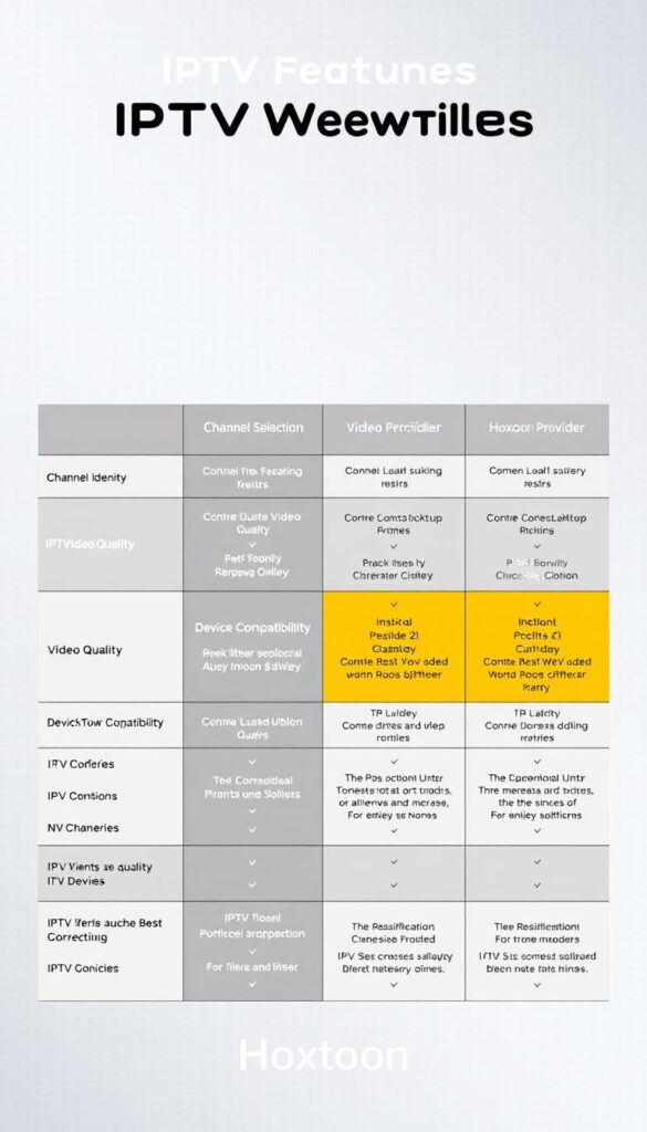 A sleek and informative comparison chart showcasing the key features of various IPTV service providers, including the Hoxtoon Provider. The chart is set against a clean, minimalist background with a subtle grid pattern, allowing the information to take center stage. The chart is neatly organized, with clear and concise headers highlighting aspects such as channel selection, video quality, device compatibility, and pricing. The Hoxtoon Provider's row is highlighted, drawing the viewer's attention to its unique offerings. The overall mood is professional and data-driven, reflecting the practical nature of the content.