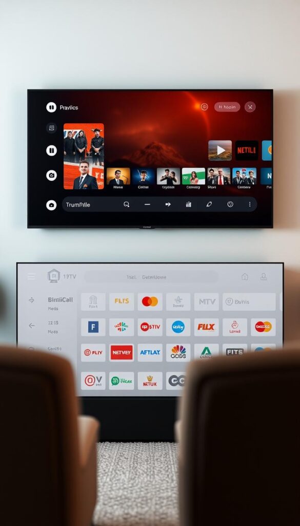 A sleek and intuitive IPTV user interface designed for the Hoxtoon Provider, showcasing a clean and modern layout. The foreground features a central display with program thumbnails, video playback controls, and a minimalist menu bar. The middle ground presents a grid of channel logos and icons, allowing seamless navigation. The background subtly incorporates the Hoxtoon brand aesthetic, with a soft, gradient-based color scheme and subtle texture elements. Lighting is soft and diffused, creating a warm and inviting atmosphere. The camera angle is slightly elevated, providing an overview of the interface's layout and functionality.