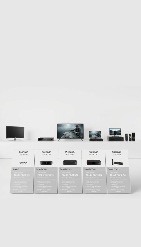 A sleek and minimalist interface showcasing the comprehensive IPTV packages offered by Hoxtoon Provider in Portugal. In the foreground, a series of neatly arranged tiles display the pricing options, from basic to premium, each with detailed service offerings. The middle ground features product shots of various devices compatible with the IPTV service, such as smart TVs, set-top boxes, and mobile devices, all against a neutral background that emphasizes the clean, modern aesthetic. In the background, a soft, gradient-based color scheme creates a sense of depth and sophistication, complementing the overall design. Lighting is natural and evenly distributed, with a slight directional emphasis to highlight the key elements. The overall mood is one of professionalism, accessibility, and a tailored solution for every budget.