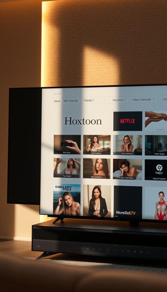 A sleek and minimalist interface showcasing the premium adult channels offered by the Hoxtoon Provider IPTV service. The layout features elegant typography, high-quality thumbnails, and a clean, user-friendly design. The scene is bathed in warm, soft lighting, creating a premium, sophisticated atmosphere. The camera angle provides a balanced, centered perspective, highlighting the service's polished, professional presentation. In the background, a subtle pattern or texture adds depth and texture to the image, complementing the overall premium aesthetic.