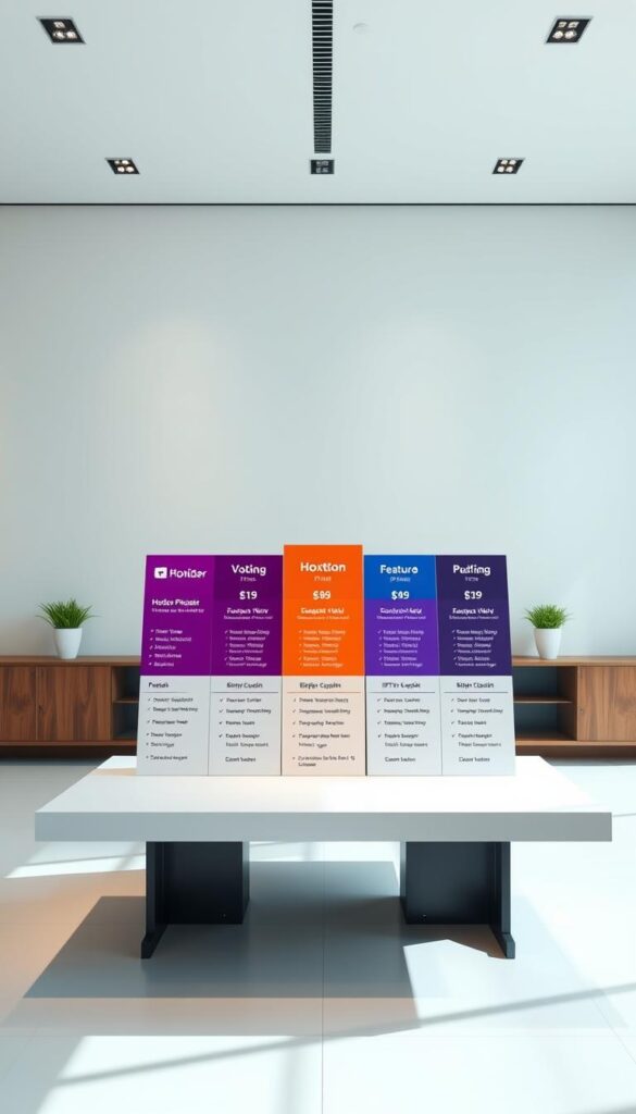 A sleek and minimalist table display showcasing the pricing plans of Hoxtoon Provider, a leading IPTV service. The table is positioned in a well-lit, modern office setting, with clean lines and a neutral color palette. The plans are presented in a clear, organized manner, with distinct columns for the various tiers and their corresponding features and prices. The lighting is soft and directional, casting subtle shadows and highlights that accentuate the table's design. The overall atmosphere conveys a sense of professionalism, attention to detail, and a focus on providing value to the customer.
