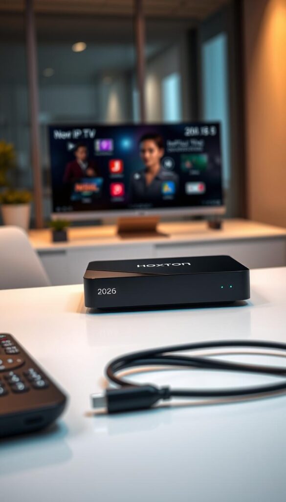 A sleek and modern 2026 World IPTV Box Receiver Player by Hoxtoon Provider, sitting on a minimalist desk. The device has a clean, rectangular design with a glossy black finish and subtle LED indicators. In the foreground, the receiver is flanked by a state-of-the-art remote control and a stylized data cable. The middle ground features a crisp, high-resolution display showcasing the intuitive user interface, hinting at the seamless entertainment experience. The background is a softly blurred, contemporary office setting, emphasizing the product's integration into a modern, tech-savvy lifestyle. Warm, directional lighting from the side creates depth and highlights the sleek lines of the device, capturing its premium quality and futuristic appeal.