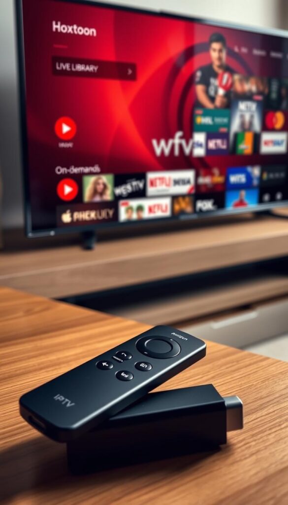 A sleek and modern Amazon Firestick device resting on a minimalist wooden surface, its LED indicator glowing softly. On the screen, the vibrant and intuitive interface of the Hoxtoon Provider IPTV app is displayed, showcasing a vast library of live TV channels and on-demand content. The scene is bathed in warm, diffused lighting, creating a cozy and inviting atmosphere for the viewer to imagine themselves seamlessly streaming their favorite shows and movies.