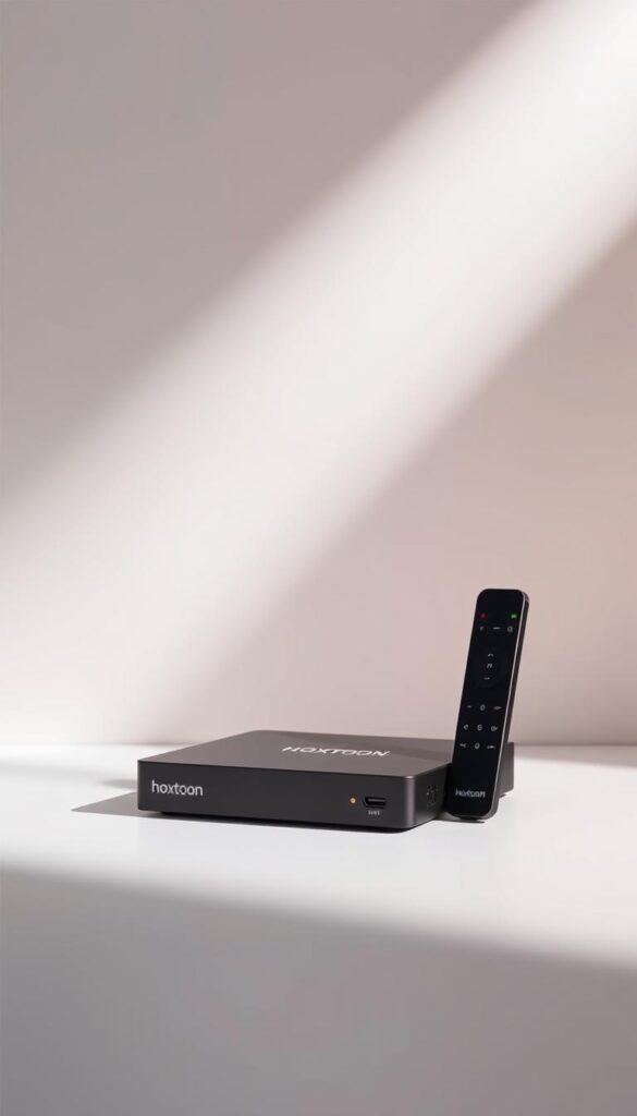 A sleek and modern Android TV box from the brand Hoxtoon Provider, showcased against a minimalist, light-filled backdrop. The device is prominently displayed, its clean lines and premium materials accentuated by soft, directional lighting that casts subtle shadows. The scene conveys a sense of high-end technology and seamless IPTV streaming performance, with the box positioned as the focal point, surrounded by a simple, uncluttered environment that allows its features to shine. The overall mood is one of sophistication and efficiency, hinting at the device's ability to deliver a top-tier IPTV experience.