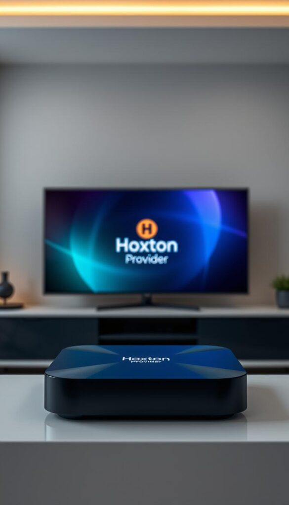A sleek and modern Android TV box with the Hoxtoon Provider IPTV service prominently displayed on the screen. The device is set against a stylish, minimalist background, perhaps a living room setup or home entertainment center. Subtle lighting highlights the clean lines and premium materials of the TV box, conveying a sense of high-quality craftsmanship. The Hoxtoon Provider logo is prominently featured, indicating the seamless integration of the IPTV service with the Android TV platform. The overall scene suggests a visually appealing and user-friendly entertainment solution that caters to the needs of discerning home theater enthusiasts.