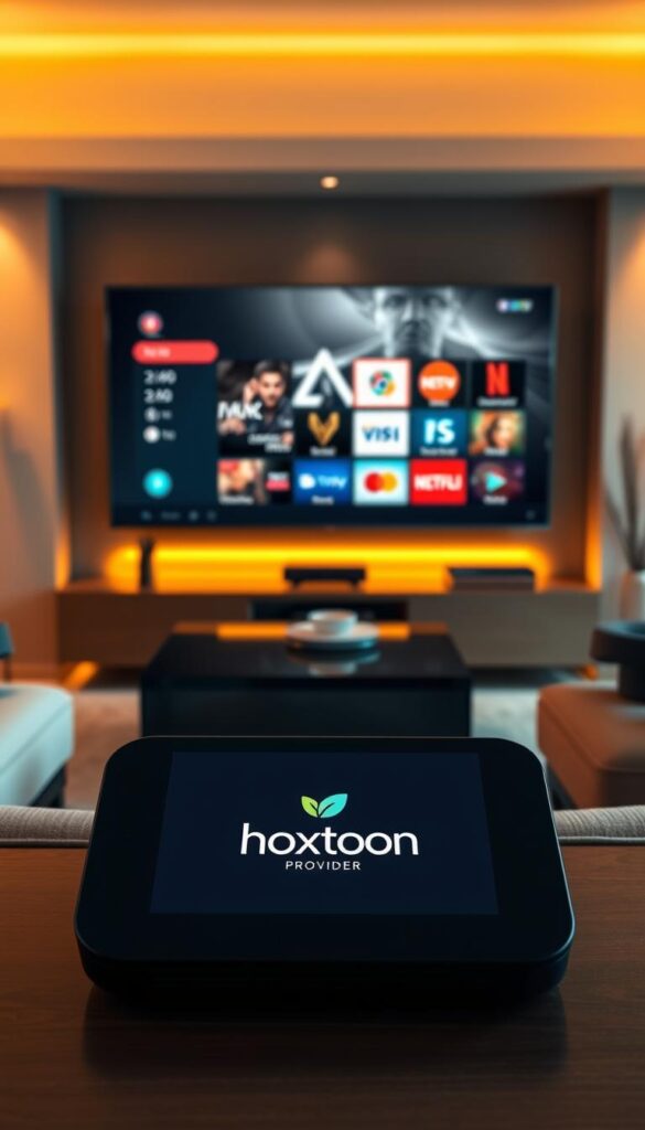 A sleek and modern Android TV device prominently displaying the Hoxtoon Provider logo on its interface. The device is positioned in the foreground, surrounded by a minimalist and elegant living room setting. Warm lighting illuminates the scene, creating a cozy and inviting atmosphere. The middle ground features a large, high-definition TV screen showcasing the IPTV player's intuitive user interface, highlighting its versatility in supporting a wide range of media formats. The background features subtle hints of a smart home environment, with subtle accents and décor that complement the overall aesthetic. The composition emphasizes the seamless integration of the IPTV player into the Android TV platform, conveying a sense of technological sophistication and user-friendly functionality.