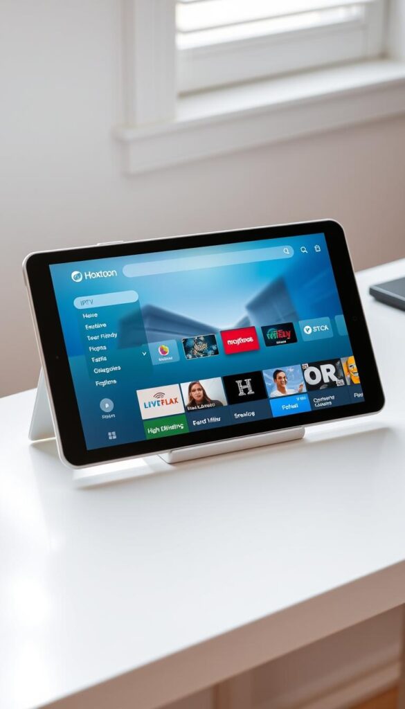 A sleek and modern Android tablet displaying the Hoxtoon Provider IPTV player interface. The tablet is positioned on a minimalist white desk, illuminated by soft, natural lighting from a window. The IPTV player's intuitive, user-friendly design is showcased, highlighting its various menu options and content categories. The screen displays a vivid, high-definition image, conveying the exceptional visual quality of the Hoxtoon streaming service. The overall scene exudes a sense of simplicity, functionality, and technological sophistication, inviting the user to effortlessly navigate and enjoy their IPTV experience on the Android tablet.