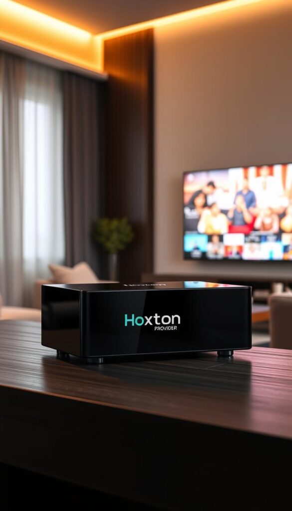 A sleek and modern Arabic IPTV box stands prominently on a dark wooden surface, its clean lines and glossy black finish reflecting the warm lighting above. The Hoxtoon Provider logo is subtly displayed on the front panel, hinting at the cutting-edge technology housed within. In the background, a minimalist living room scene unfolds, with a cozy sofa and a large, high-definition television screen displaying vibrant Arabic content. The overall atmosphere exudes a sense of sophistication and the promise of seamless, lifetime access to a world of Arabic entertainment.