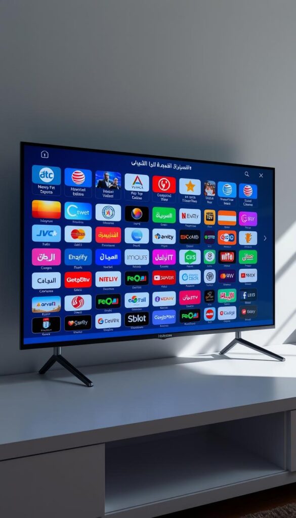 A sleek and modern Arabic IPTV interface, showcasing Hoxtoon Provider's comprehensive lineup of over 21,000 channels. The screen displays a grid of vibrant channel logos, ranging from news and sports to entertainment and religious programming, all optimized for a seamless, high-definition viewing experience. The layout is clean and intuitive, with a sophisticated color palette of blues, grays, and whites, creating a premium, technology-forward aesthetic. The scene is illuminated by soft, directional lighting, casting subtle shadows and highlights that enhance the depth and dimension of the display. The overall composition conveys a sense of sophistication, accessibility, and the breadth of content available through the Hoxtoon IPTV service.