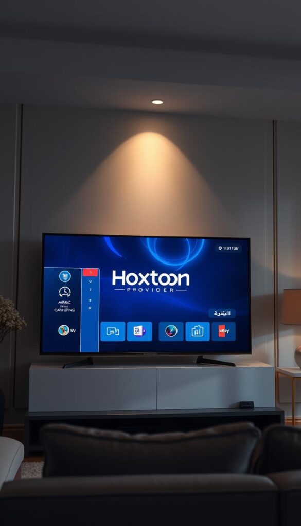 A sleek and modern Arabic IPTV service interface, showcasing the Hoxtoon Provider brand prominently displayed on a large, high-resolution TV screen. The UI features a clean, minimalist design with intuitive navigation menus, crisp iconography, and a visually striking color palette of blues and grays. The scene is bathed in soft, diffused lighting, creating a sophisticated and professional atmosphere. The TV is positioned in a stylish living room setting, with elegant furnishings and decor visible in the background, hinting at the high-quality, premium nature of the IPTV service. The overall impression conveys the legal and compliant nature of the Hoxtoon Provider platform, suitable for use in the United States market.