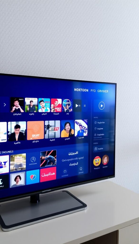 A sleek and modern Arabic IPTV service interface, showcasing the Hoxtoon Provider brand. In the foreground, a stylized TV screen displays a selection of popular Arabic channels. The middle ground features elegant UI elements, navigation menus, and video playback controls. The background has a subtle pattern or texture, conveying a sense of digital sophistication. The lighting is soft and even, creating a visually appealing and professional aesthetic. The overall scene suggests a seamless, user-friendly experience for accessing a wide range of Arabic IPTV content.