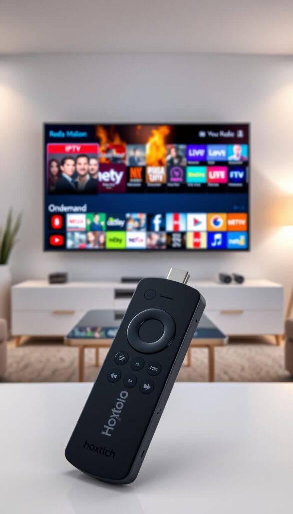 A sleek and modern Firestick device prominently displayed, showcasing the Hoxtoon Provider logo on the device's interface. The screen displays a vibrant, high-definition IPTV interface, with a diverse selection of live TV channels, on-demand content, and user-friendly navigation. The Firestick is positioned in a minimalist, well-lit living room setting, with subtle ambient lighting and clean, contemporary furnishings. The overall scene conveys the convenience, flexibility, and entertainment value of using IPTV services on a Firestick device.