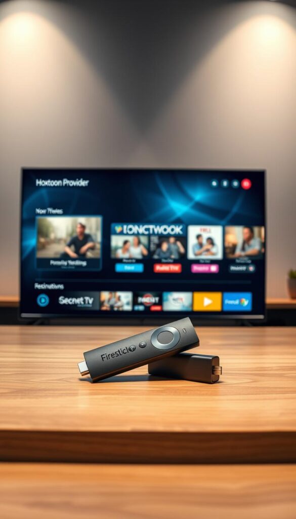 A sleek and modern Firestick device resting on a minimalist wooden table, surrounded by a futuristic digital interface showcasing the "Hoxtoon Provider" IPTV service. The interface displays crisp, high-definition video streams, with a clean and intuitive user experience. Soft, diffused lighting from above creates a warm, inviting atmosphere, while the Firestick's elegant design and the service's cutting-edge technology convey a sense of innovation and the future of IPTV streaming on the platform.