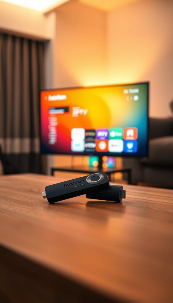 A sleek and modern Firestick device rests on a minimalist wooden table, its screen displaying the vibrant interface of the "Hoxtoon Provider" IPTV app. The room is bathed in warm, ambient lighting, creating a cozy and inviting atmosphere. The Firestick's remote lies nearby, ready for seamless navigation through the Hoxtoon app's extensive library of live TV channels and on-demand content. The scene conveys a sense of ease and convenience, highlighting the integration of the Hoxtoon IPTV service with the Firestick platform for a truly immersive streaming experience.