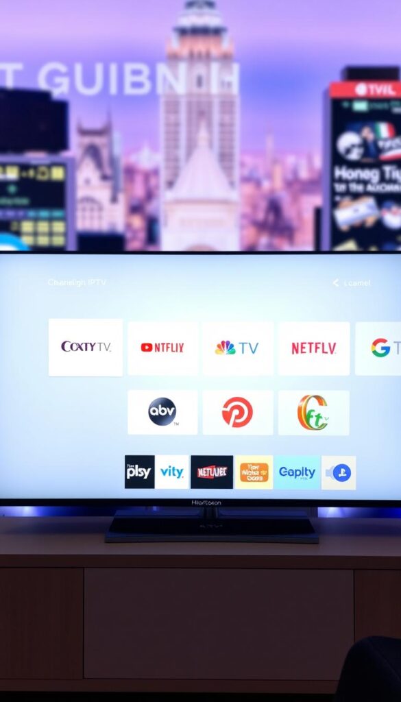 A sleek and modern Google TV interface, showcasing a variety of IPTV channel options from the Hoxtoon Provider. The screen displays a clean grid layout with crisp, high-definition channel logos and thumbnails. The overall aesthetic is minimalist and elegant, with a neutral color palette and subtle lighting effects that create a sense of depth and dimensionality. The background features a blurred, out-of-focus cityscape, hinting at the global reach and accessibility of the IPTV service. The entire scene conveys a sense of professionalism, legality, and user-friendly technology.