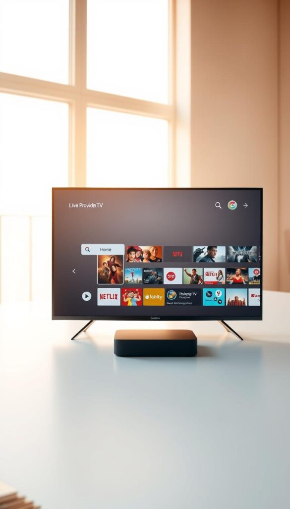 A sleek and modern Google TV interface, showcasing the Hoxtoon Provider IPTV app in the center. The device is placed on a clean, minimalist desk, bathed in warm, diffused lighting from a large window in the background. The app interface displays a grid of live TV channels, with a focus on the "Home" section. The overall scene conveys a sense of simplicity, efficiency, and the seamless integration of IPTV technology into the Google TV ecosystem.