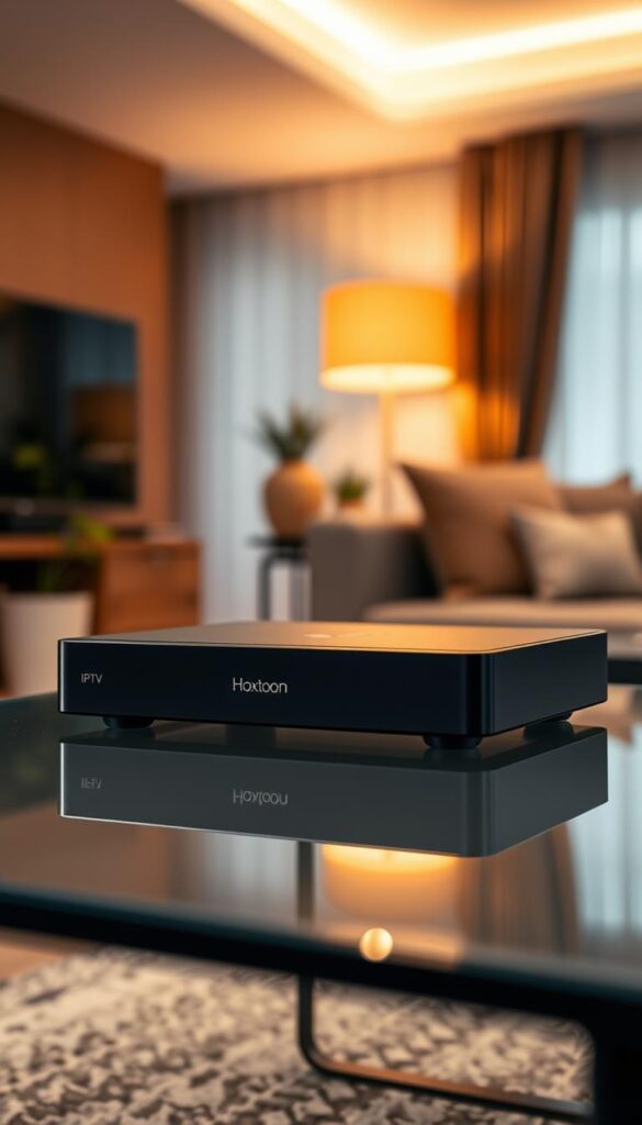 A sleek and modern Hoxtoon Provider IPTV set-top box resting on a minimalist glass-top table, bathed in warm, directional lighting that highlights its clean lines and premium materials. The device is positioned in the foreground, with a blurred, out-of-focus backdrop of a cozy living room, creating a sense of depth and focus on the key subject. The set-top box features a matte black finish, subtle branding, and a slim, rectangular design that conveys a sophisticated and technologically advanced aesthetic. The scene evokes a sense of domestic comfort and the promise of seamless, high-quality IPTV streaming experiences.