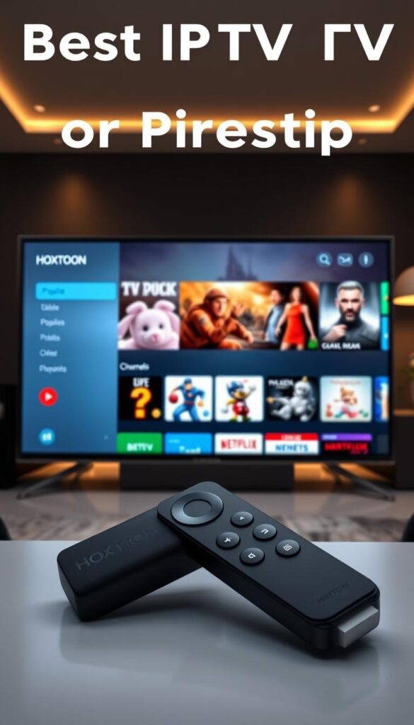 A sleek and modern IPTV app interface displayed on a Firestick device, showcasing the intuitive and user-friendly features of the Hoxtoon Provider platform. The app features a clean, minimalist design with crisp, high-definition visuals and a seamless navigation menu. In the foreground, a user-friendly remote control is prominently displayed, highlighting the ease of use and accessibility of the app. The middle ground features a selection of popular live TV channels and on-demand content, showcased in a visually appealing grid layout. The background depicts a modern, tech-savvy living room setting, with sleek furniture and subtle lighting, conveying a sense of sophistication and luxury. The overall scene exudes a professional, high-quality atmosphere that captures the essence of the best IPTV app for Firestick users.