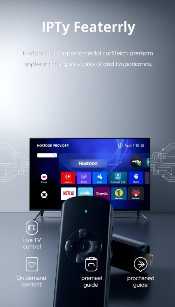 A sleek and modern IPTV app interface showcasing key features. In the foreground, a high-resolution TV screen displays a clean, minimalist UI with icons for live TV, on-demand content, and a channel guide. The middle ground features a Hoxtoon Provider logo, hinting at the app's premium service. The background blends a soft, gradient lighting effect with subtle technical elements like digital waveforms and circuit board textures, conveying a sense of advanced technology. The overall tone is sophisticated, visually appealing, and designed to entice Firestick users seeking a premium IPTV experience.