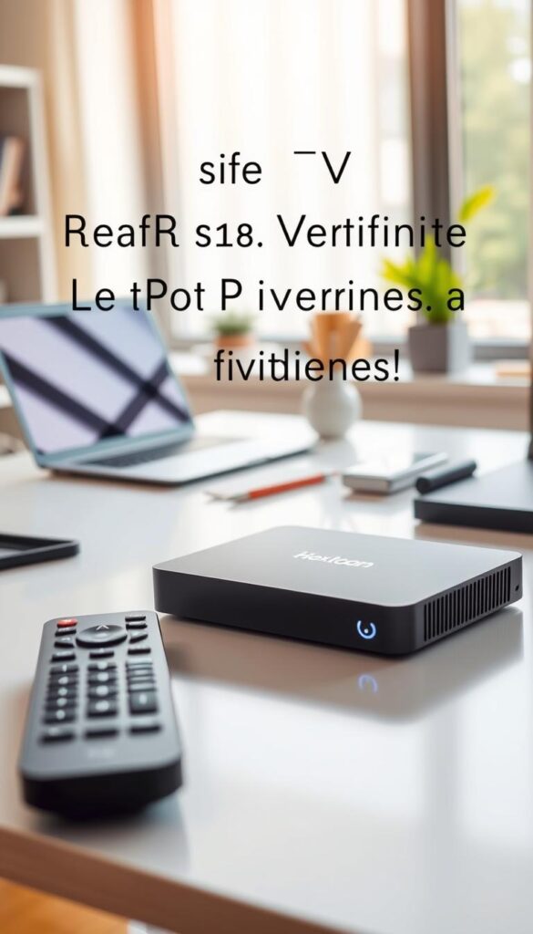 A sleek and modern IPTV box by Hoxtoon Provider, positioned on a minimalist desk in a well-lit home office. The box has a matte black finish, clean lines, and a subtle LED indicator. In the foreground, a wireless remote control rests next to the device, hinting at the seamless user experience. The middle ground features a laptop and some neatly arranged office supplies, conveying a professional and organized setting. The background showcases a large window with natural daylight flooding the room, creating a warm and inviting atmosphere. The scene exudes a sense of legality, reliability, and attention to detail, perfectly aligning with the article's focus on trusted IPTV service providers.