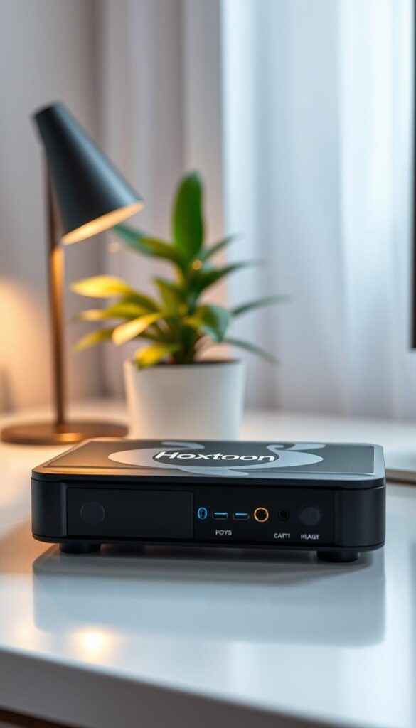 A sleek and modern IPTV box setup with the Hoxtoon Provider logo prominently displayed on the front panel. The box is placed on a clean, minimalist desk with a minimalistic lamp and a potted plant in the background, creating a cozy and professional atmosphere. The box's ports and connections are clearly visible, showcasing its versatility and ease of setup. Soft, directional lighting from the side illuminates the scene, highlighting the sharp lines and smooth surfaces of the Hoxtoon Provider box. The overall impression is one of a high-quality, user-friendly IPTV solution that is ready to be seamlessly integrated into a home entertainment setup.